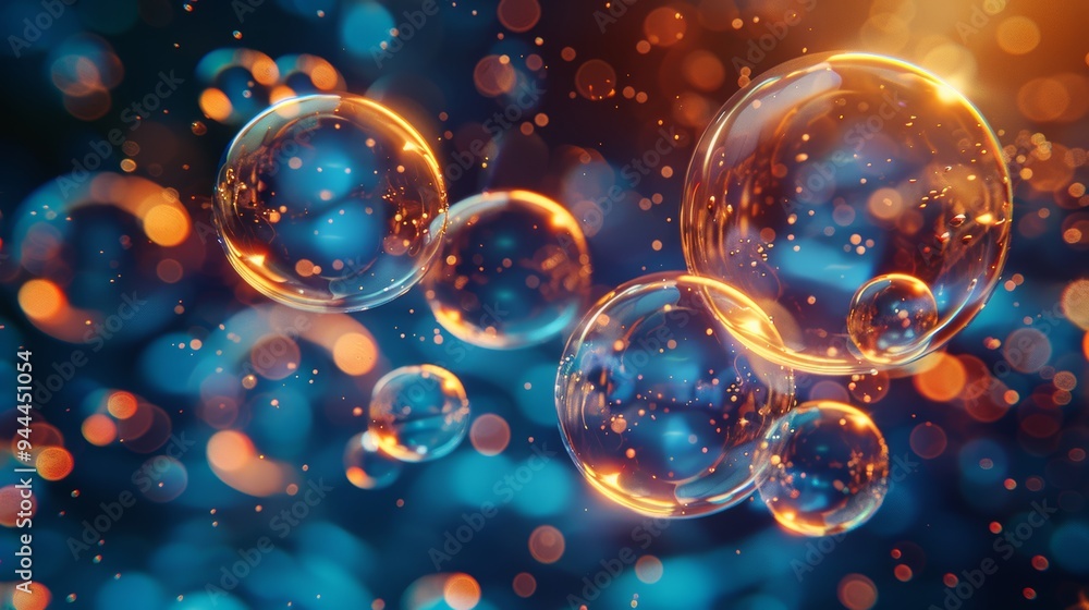 Poster colorful abstract bubbles with sparkling bokeh on blue background