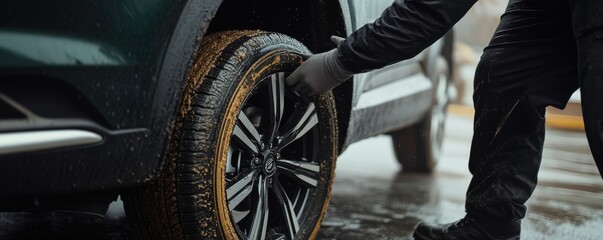 Close-up of a mechanic meticulously cleaning the wheels of a car, showcasing precision and attention to detail in automotive maintenance.