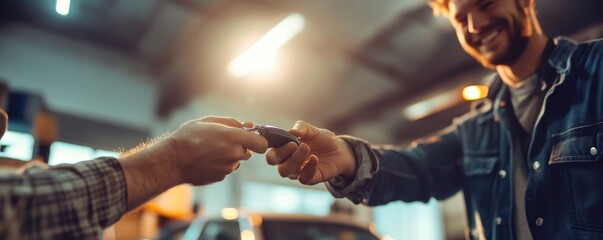 Close-up of a friendly mechanic handing car keys back to a customer in a warm garage environment, symbolizing trust and satisfaction in automotive services