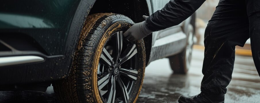 Close-up of a mechanic meticulously cleaning the wheels of a car, showcasing precision and attention to detail in automotive maintenance.