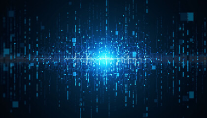 Pixelated grid bursting with dark and light contrasting blues illuminated by a subtle glowing effect at its core creating a futuristic visual.