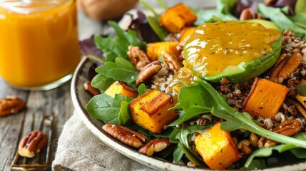 Vibrant bowl of fresh salad with avocado, grains, nuts, and roasted vegetables on rustic table