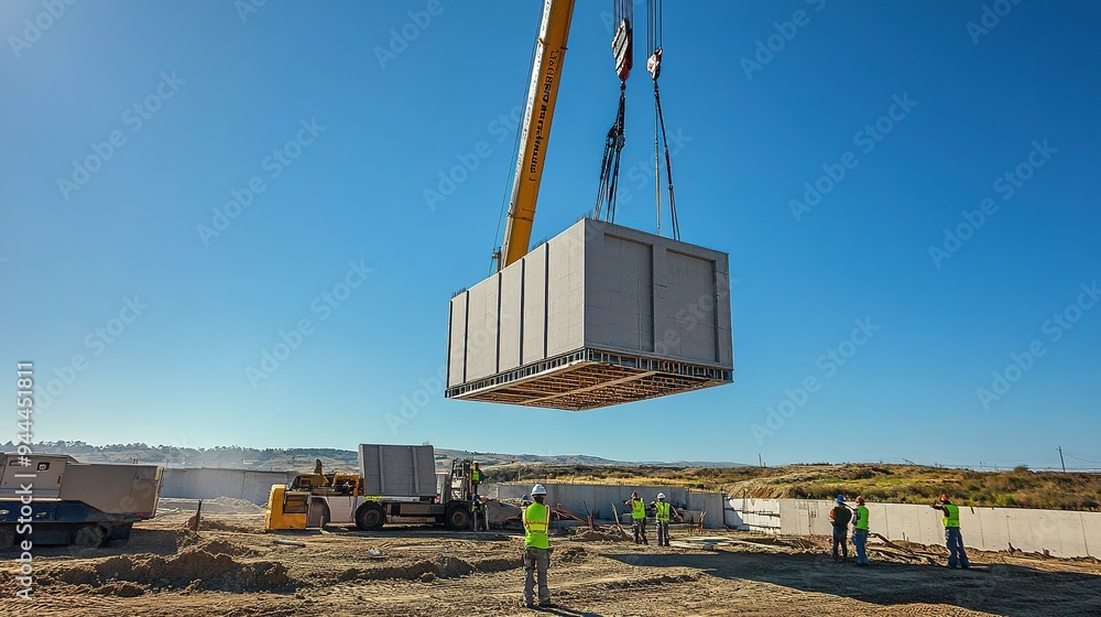 Poster a crane lifting large prefabricated sections of a building onto a construction site with workers gui