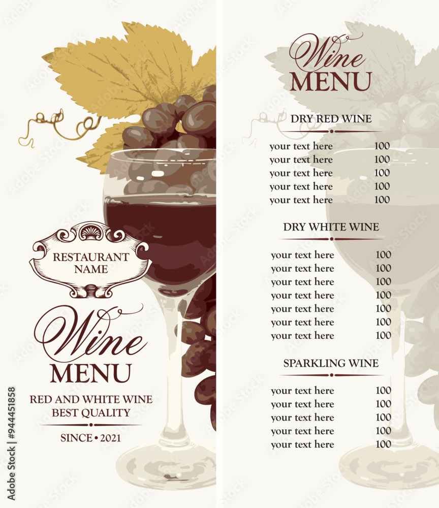 Poster vector wine menu template with price list for a restaurant or bar with a glass of dry red wine and a