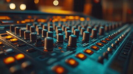 Mixing console in a recording studio, with sliders and dials ready for audio production, Technical, Bright, Detailed