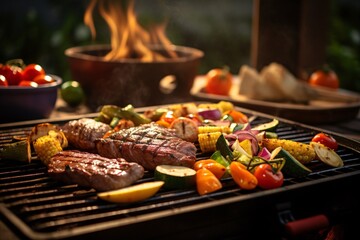 Sizzling grilling and BBQ scene, with marinated meats, vegetables, and barbecue accessories.