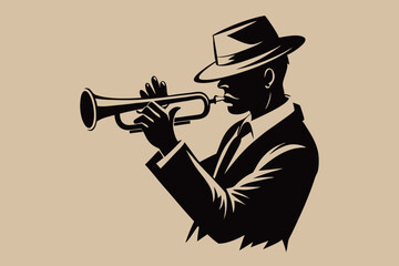 This image features a silhouette of a man wearing a hat, playing a trumpet, with a light background that emphasizes the artistic pose of the musician. Great emphasis on music and art
