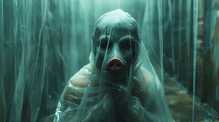 A person wearing a pig mask and covered in plastic, with blood stains, looks menacingly at the camera.