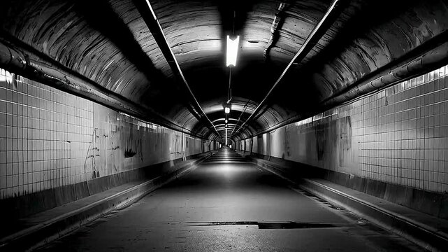 A black and white tunnel  stretches into the distance