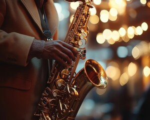 Fototapeta premium Saxophone being played in a dimly lit jazz club, with a focus on its smooth curves, Mellow, Warm, Atmospheric