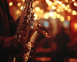 Obraz premium Saxophone being played in a dimly lit jazz club, with a focus on its smooth curves, Mellow, Warm, Atmospheric