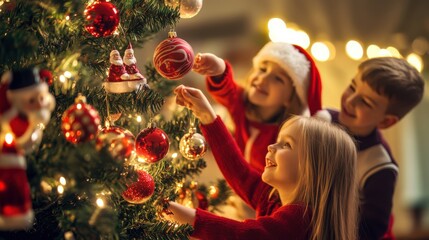 Joyful children decorating a Christmas tree together with festive ornaments and glowing lights, capturing the warmth and happiness of holiday traditions in a cozy family atmosphere.