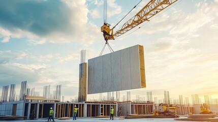 A crane lifting large prefabricated wall panels into place on a building under construction with workers guiding them
