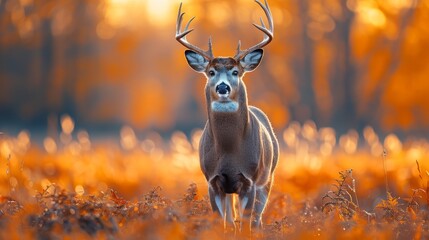 White-tailed deer buck standing in an autumn forest landscape