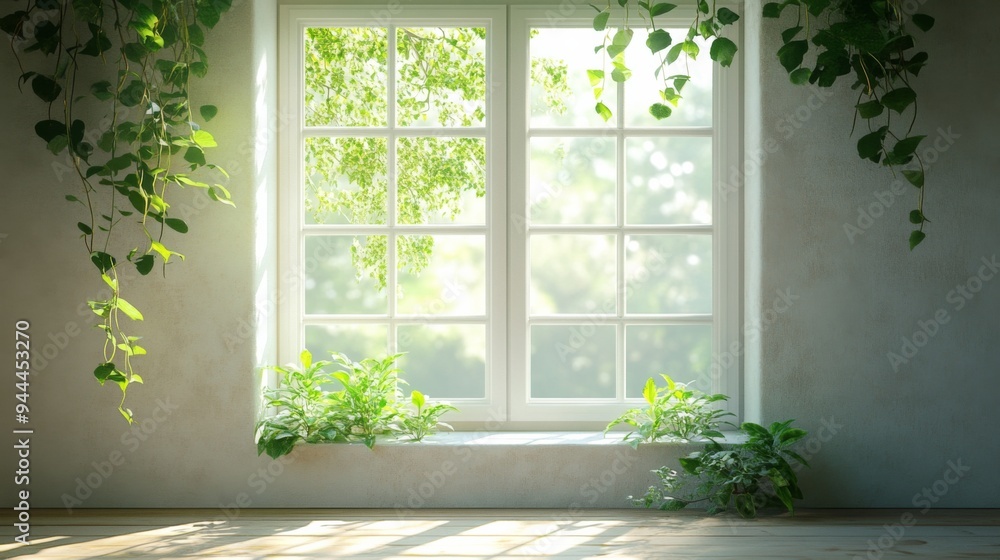 Wall mural sunlit window with greenery