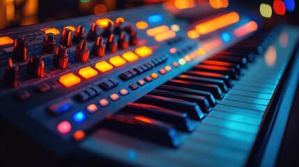 Synthesizer in a recording studio, with colorful keys and a focus on creativity, Creative, Bright, Detailed