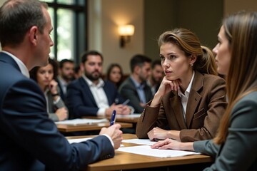 A woman sits across from a man at a table, likely engaged in conversation or negotiation