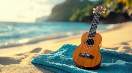 Ukulele on a beach towel, with the ocean in the background, Summery, Bright, Detailed