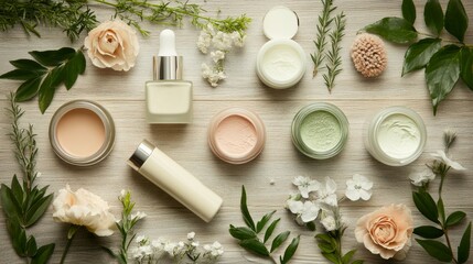 Display of natural skincare products arranged with fresh flowers and greenery on a wooden surface