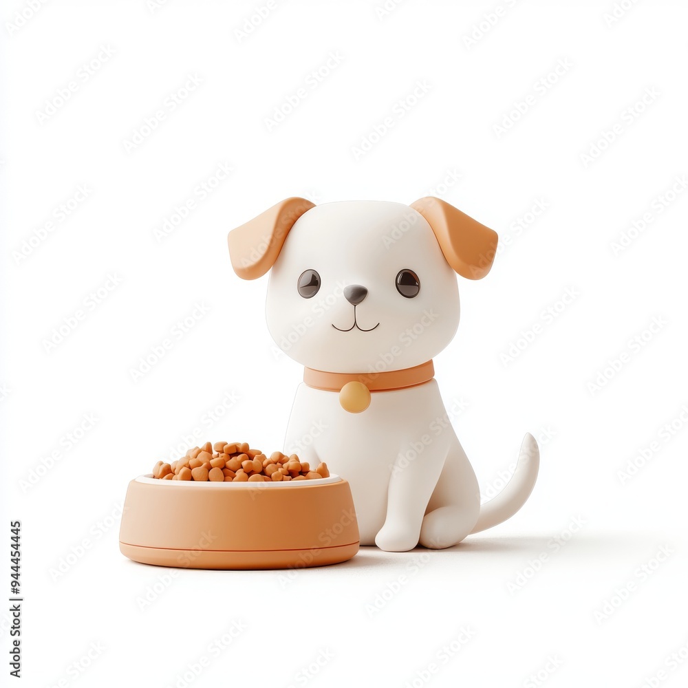 Aufkleber a 3d single icon of a playful puppy sitting next to a dog bowl filled with kibble featuring a minima