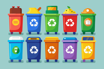 A collection of eight colorful trash bins with various types of waste depicted inside them, showcasing different waste management and recycling symbols
