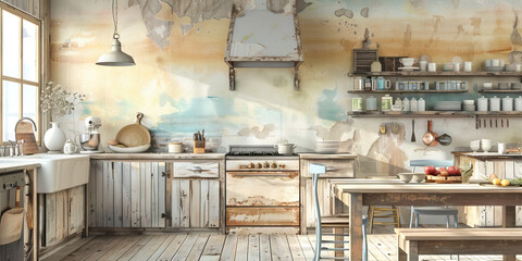 Vintage-inspired abstract art in muted tones adds interest to a rustic country kitchen.