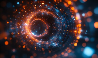 Obraz premium Abstract technology background with geometric circles and dots, simple vector illustration of abstract shapes in orange on a dark blue background design 