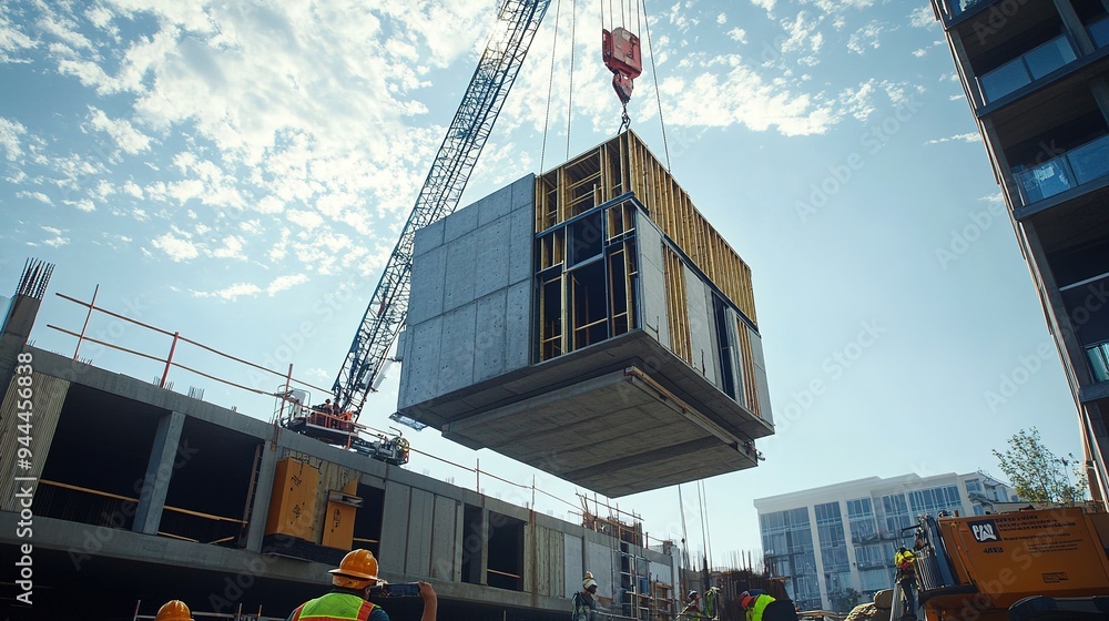 Poster a crane lifting prefabricated sections of a building onto a construction site with workers securing 