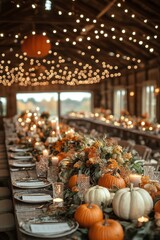 A cozy autumn gathering with floral arrangements and pumpkins in a rustic barn setting