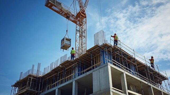 A crane moving large concrete blocks at a construction site with workers directing the operation