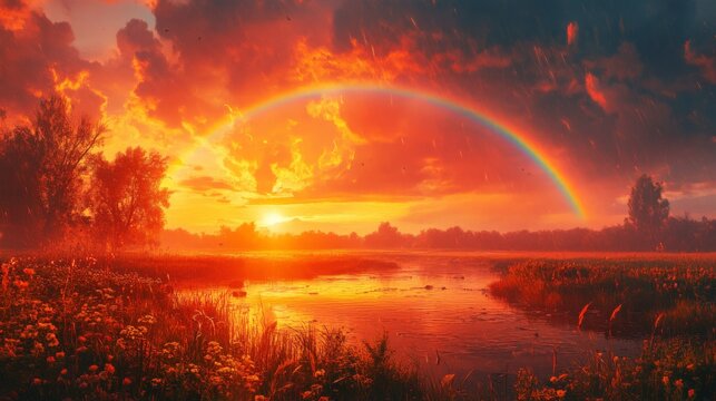 A vibrant sunset with a rainbow reflecting on a serene lake