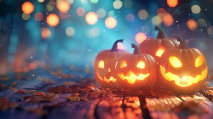 Naklejka premium illuminated halloween pumpkins on a table with copy space