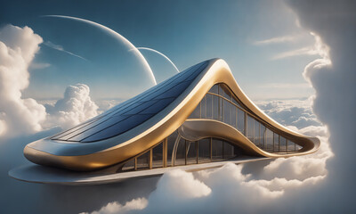  Antigravity futuristic modern house, floating above the Clouds. Architecture of the future.