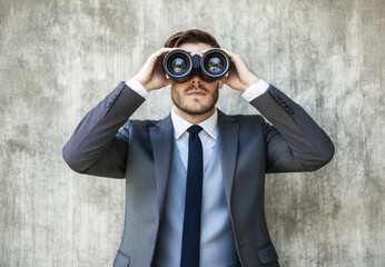Young man in business suit looking through a binoculars, studio photo. Businessman searching or looking for opportunities concept. Generative AI