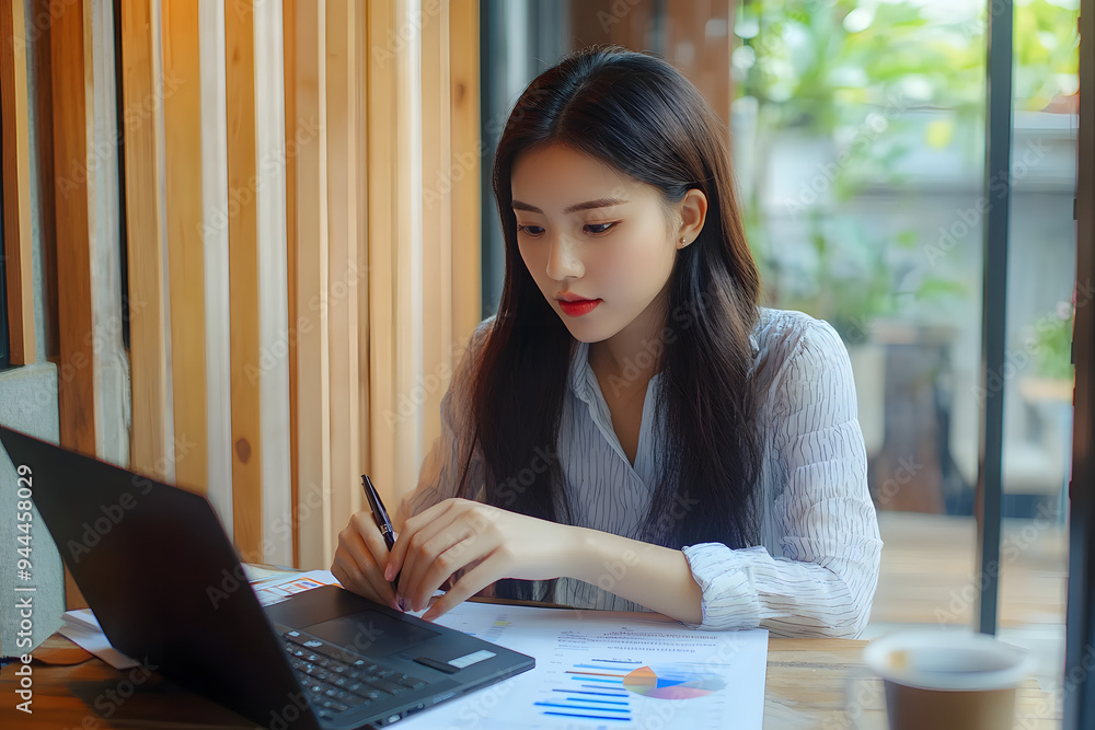 Poster young asian businesswoman checking marketing data of business on document and typing data on keyboar