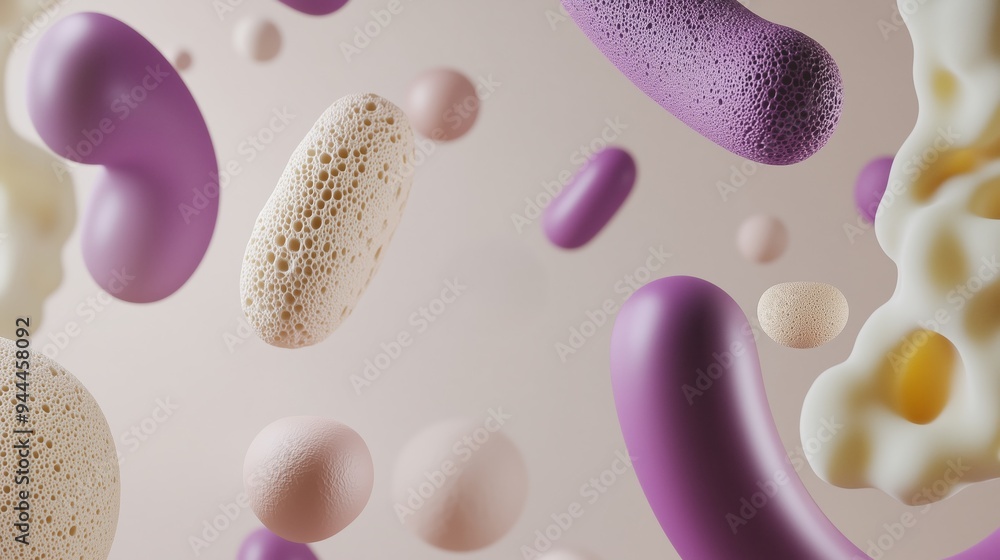 Poster colorful abstract shapes representing microorganisms floating in a soft, light background