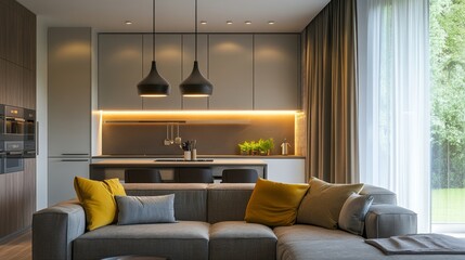 Pendant lights hanging on ceiling in modern kitchen and cushions arranged on sofa in living room 