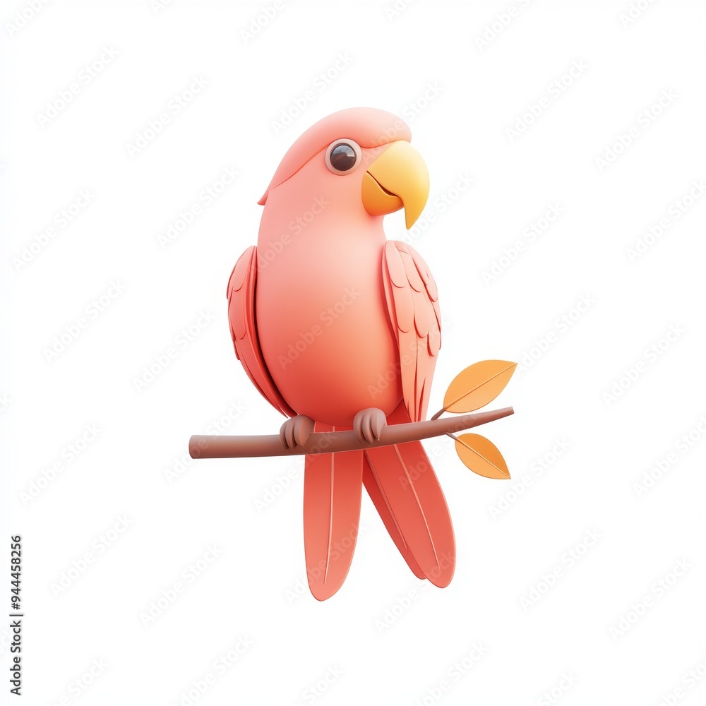 Poster a 3d single icon of a parrot perched on a small branch illustrated with a minimalistic style and vib