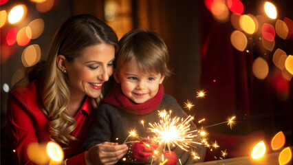 Happy mother and her little daughter celebrating Christmas at home with sparklers