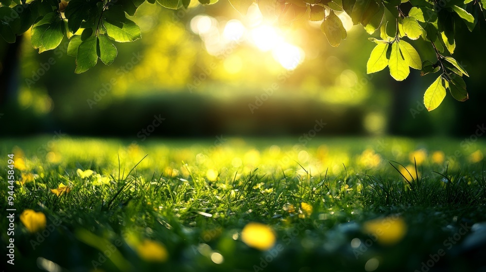 Poster sunlit green meadow in springtime