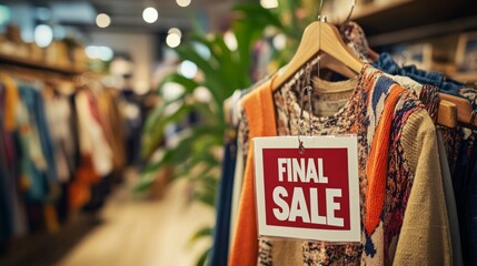 Final sale sign hanging in a clothing store highlighting discounts on apparel