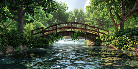 Fototapeta premium A tranquil river flowing gently beneath a quaint wooden bridge, with lush greenery adorning its sides.