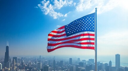 American Flag with Chicago Skyline