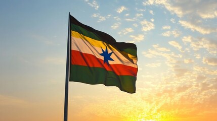 South Sudanese National Flag Waving in the Sunset Sky