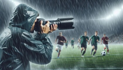 A sports photographer captures intense football action in the rain, showcasing the excitement and energy of the game amid challenging weather conditions.