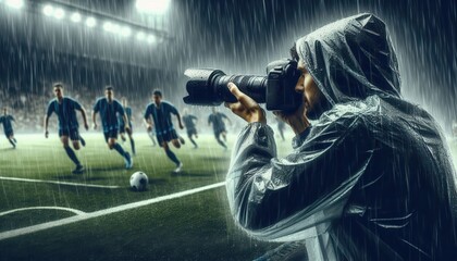 A photographer captures an intense soccer match in the rain, highlighting the passion and dedication of sports photography under challenging conditions.