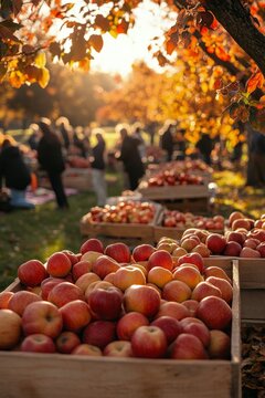Autumn apple harvest festival with abundant fruit baskets under trees in a sunny orchard