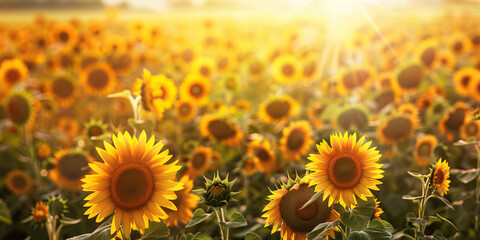 Obraz premium A vibrant sunflower field stretching as far as the eye can see, with the sun's rays casting a golden hue over the blossoms.