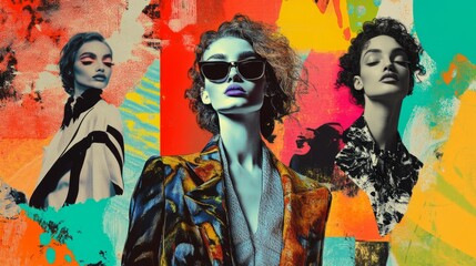 Fashion-forward models showcase vibrant styles against a colorful abstract backdrop in urban setting