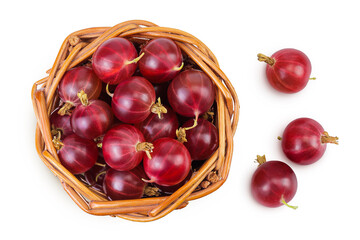 Red gooseberry in a wicker basket isolated on white background. Top view. Flat lay.
